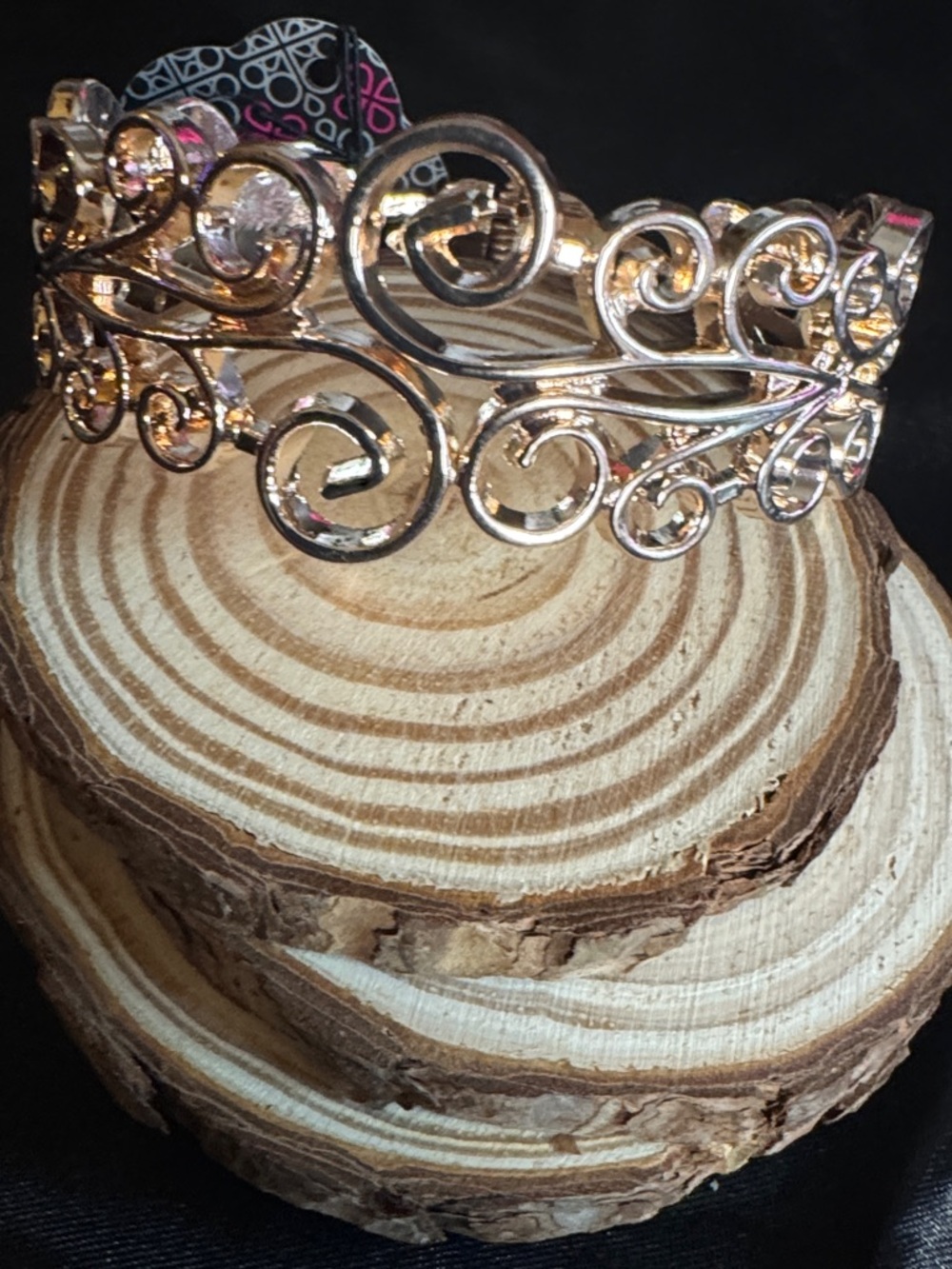 Rose Gold Scrollwork Hinged Cuff Bracelet with Crystal Accents